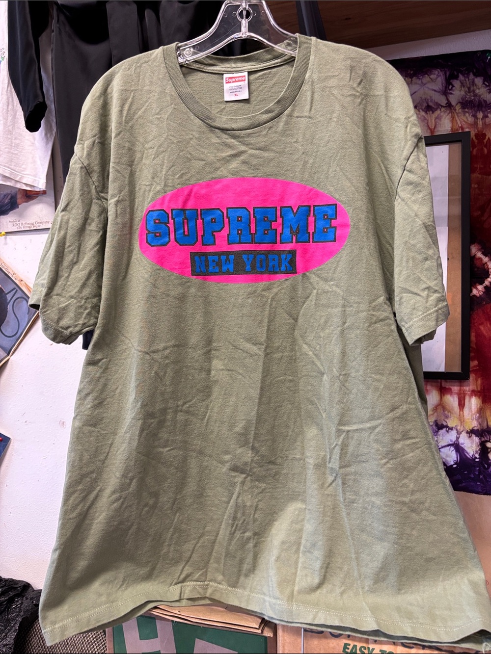 Supreme Olive Green Tee with Pink Oval & Blue Logo